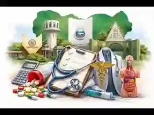 Medicine and Surgery admissions in Nigeria with stethoscope, medical books, anatomical model, pills, clipboard, and Nigerian university buildings, representing university-by-university cut-off marks for 2026.