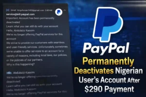 PayPal permanently deactivates Nigerian user’s account after $290 payment email screenshot and PayPal logo.