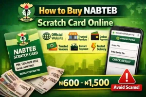 NABTEB result checker 2025 portal showing scratch card PIN price ₦600–₦1,500 and how to check NABTEB result online.
