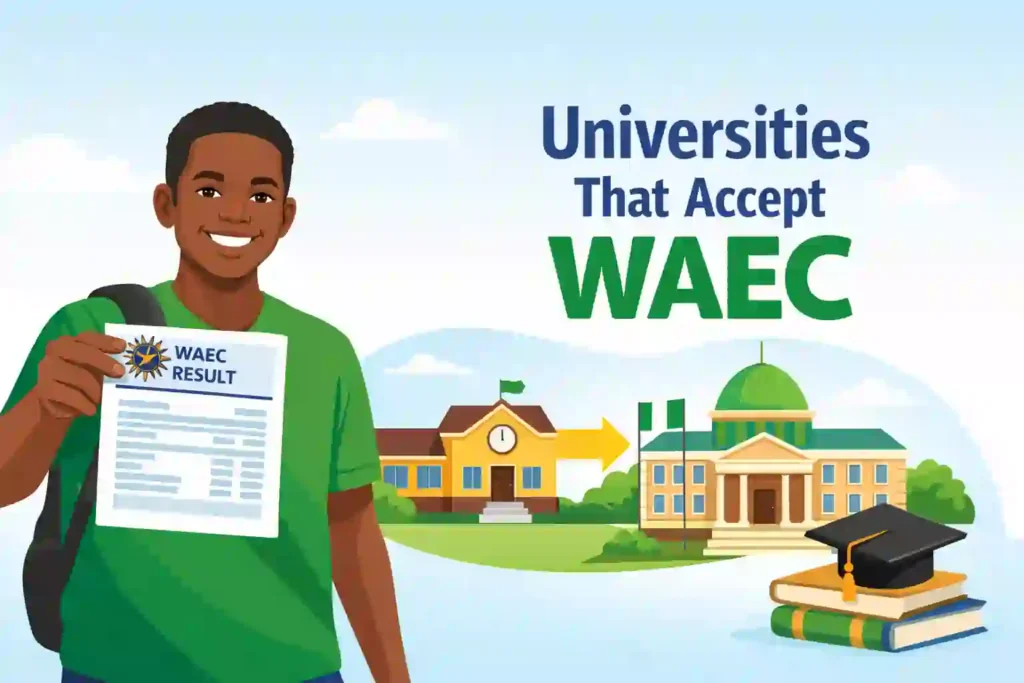 Universities that accept WAEC for admission in Nigeria showing a Nigerian student holding WAEC result and a university campus illustration