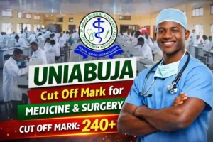 UNIABUJA Cut Off Mark for Medicine and Surgery 2026 Thumbnail. Students in a medical laboratory with UNIABUJA medical students association logo and text showing cut off mark for Medicine and Surgery as 240 and above
