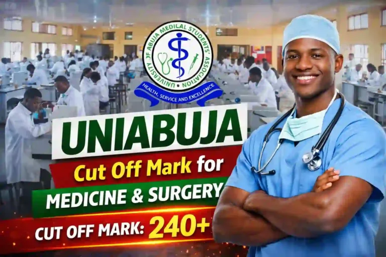 UNIABUJA Cut Off Mark for Medicine and Surgery 2026 Thumbnail. Students in a medical laboratory with UNIABUJA medical students association logo and text showing cut off mark for Medicine and Surgery as 240 and above