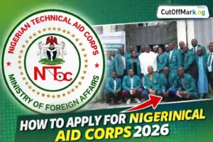 Thumbnail showing Nigeria Technical Aid Corps logo alongside a group of Nigerian professionals in green blazers with text “How to Apply for NTAC 2026”