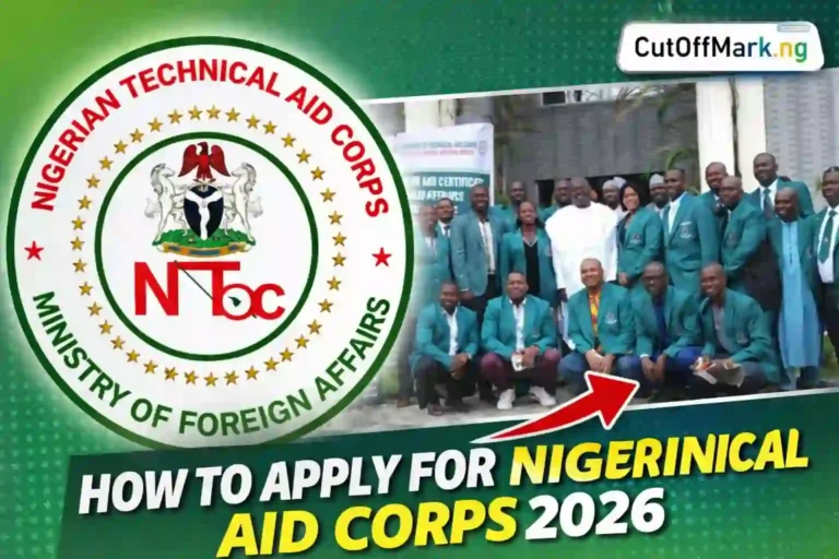 Thumbnail showing Nigeria Technical Aid Corps logo alongside a group of Nigerian professionals in green blazers with text “How to Apply for NTAC 2026”
