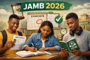 Nigerian students preparing for 2026 JAMB UTME after registration closes, studying exam slip, calendar date and admission process