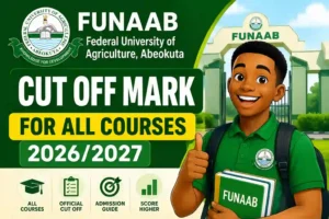 Cartoon student beside FUNAAB logo showing FUNAAB cut off mark for all courses 2026/2027 admission guide