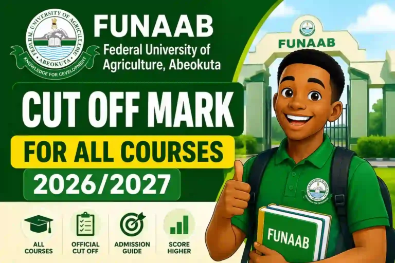 Cartoon student beside FUNAAB logo showing FUNAAB cut off mark for all courses 2026/2027 admission guide