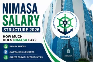 NIMASA Salary Structure 2026 thumbnail showing the NIMASA headquarters building with the agency's logo, alongside bold text reading "NIMASA Salary Structure 2026" and information about salary ranges, allowances, benefits, and career growth opportunities.