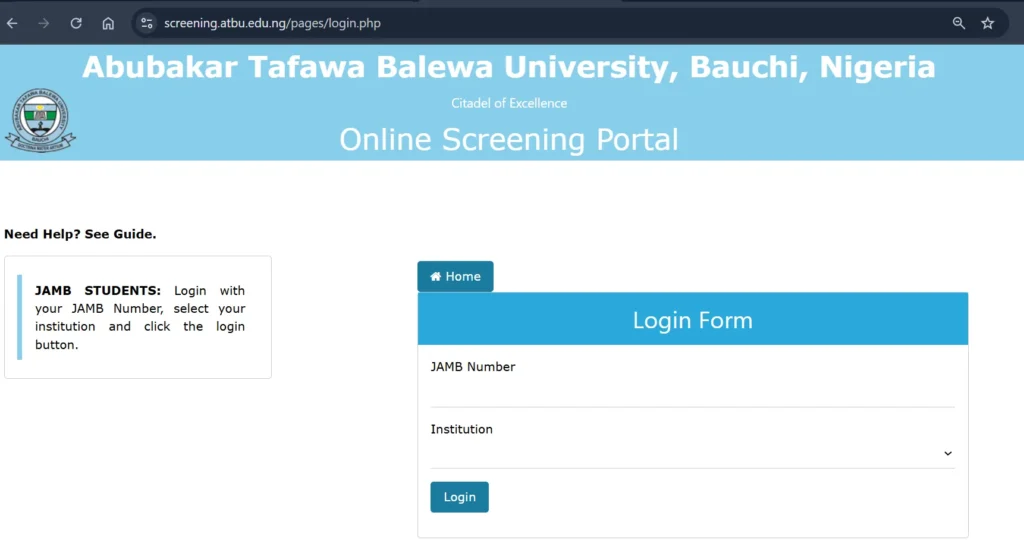 ATBU Post UTME 2026 screening portal login page for registration