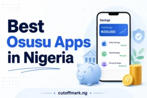 Illustration of the best Osusu apps in Nigeria featuring a smartphone with digital savings options, a piggy bank, coins, and the CutoffMark.ng logo.