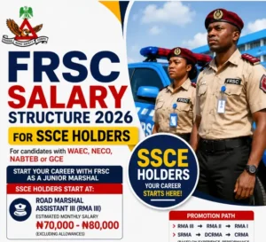Road Safety Salary Structure 2026 for SSCE Holders in Nigeria showing FRSC Road Marshal Assistant III (RMA III) salary, ranks and career progression.