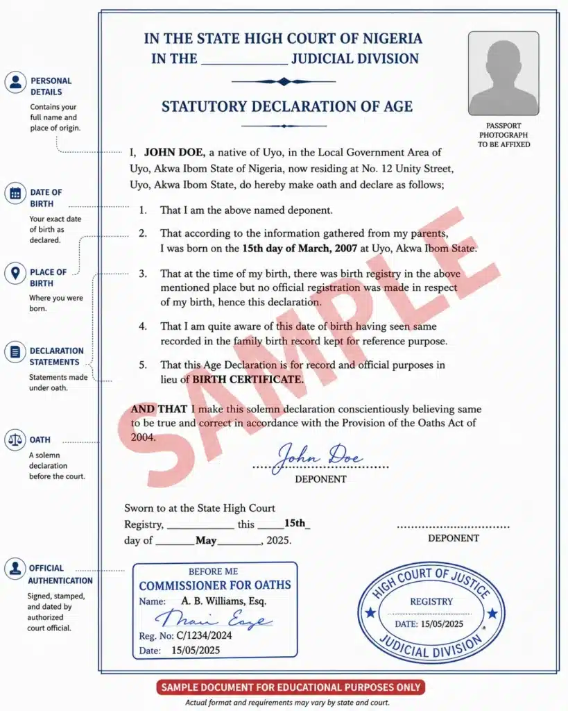 Sample Statutory Declaration of Age Affidavit in Nigeria showing the format commonly used as proof of age for admission purposes.