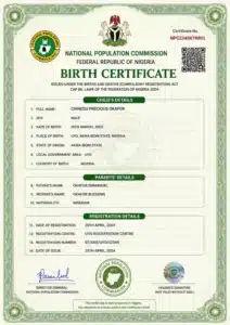 Sample National Population Commission (NPC) Birth Certificate in Nigeria showing the typical format used as proof of date of birth.