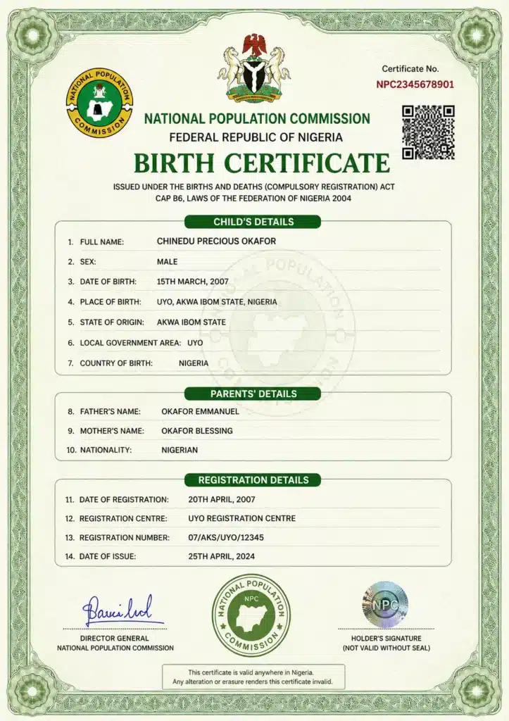 Sample National Population Commission (NPC) Birth Certificate in Nigeria showing the typical format used as proof of date of birth.