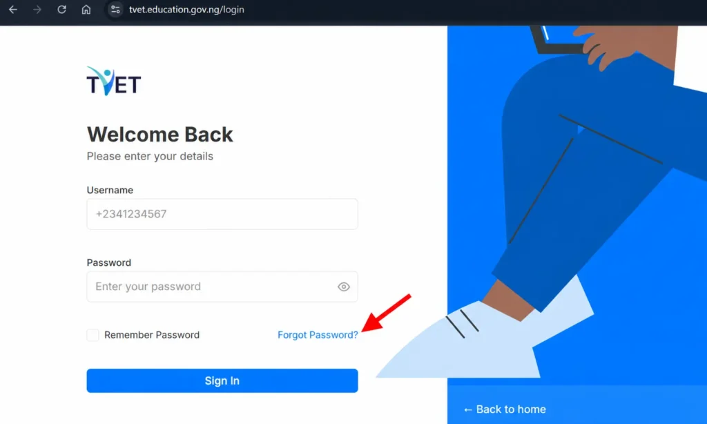 How to reset your TVET portal password using NIN or email address