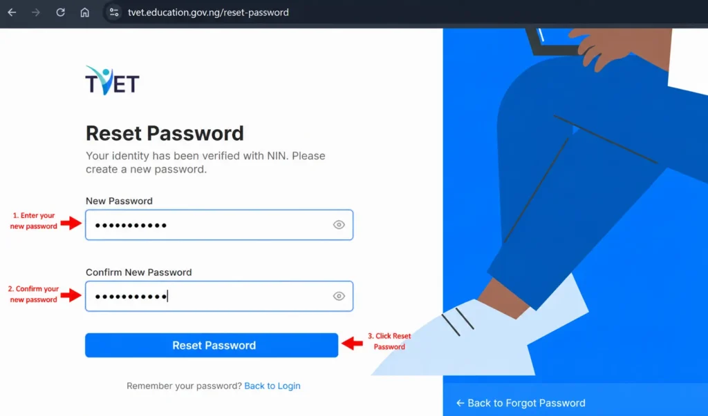 how to create new tvet dashboard login password