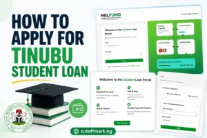Screenshot collage showing the NELFUND student loan portal registration and login pages with the text "How to Apply for Tinubu Student Loan" for Nigerian students.